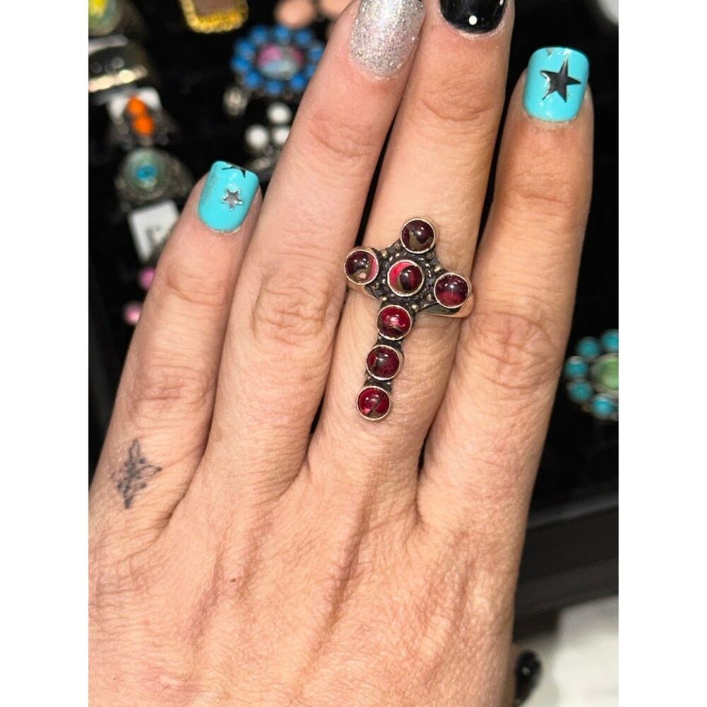 Red Rose Dahlia Cross Sterling Silver Overlay Ring Size 9